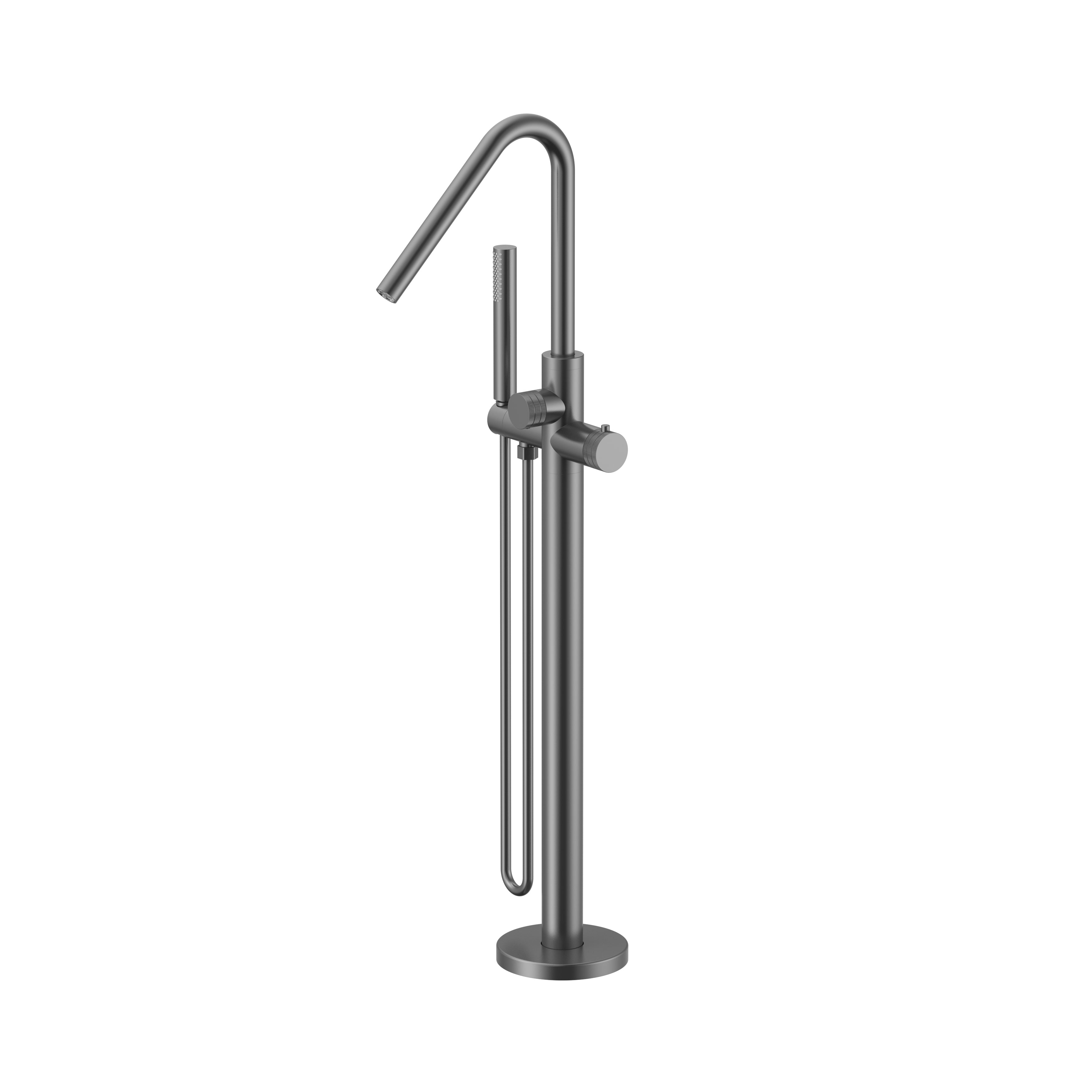 Stria badmengkraan - vrijstaand - thermostatisch - met handdouche en doucheslang - knoppen met ribbelstructuur - gunmetal (pvd)