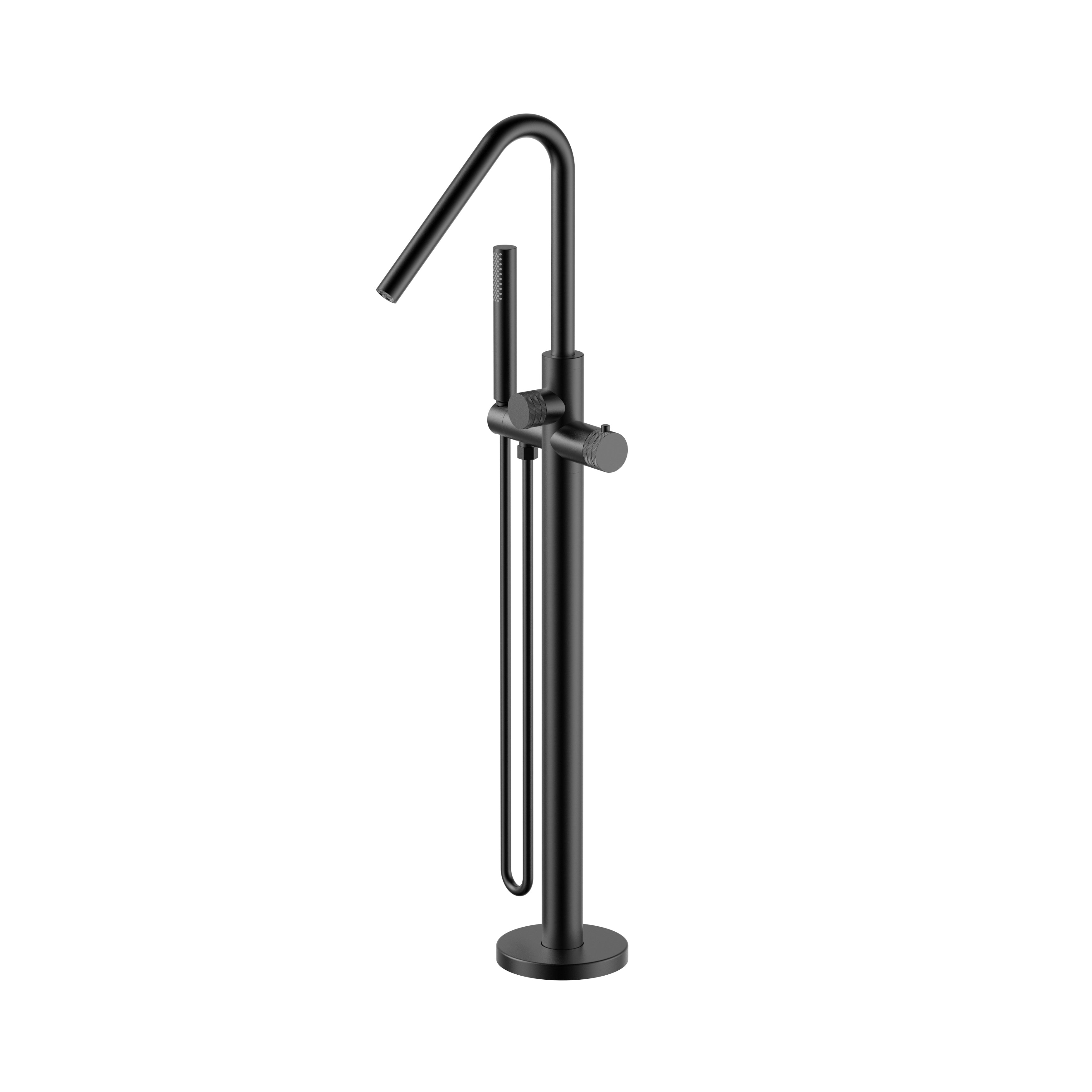 Stria badmengkraan - vrijstaand - thermostatisch - met handdouche en doucheslang - knoppen met ribbelstructuur - mat zwart (pvd)