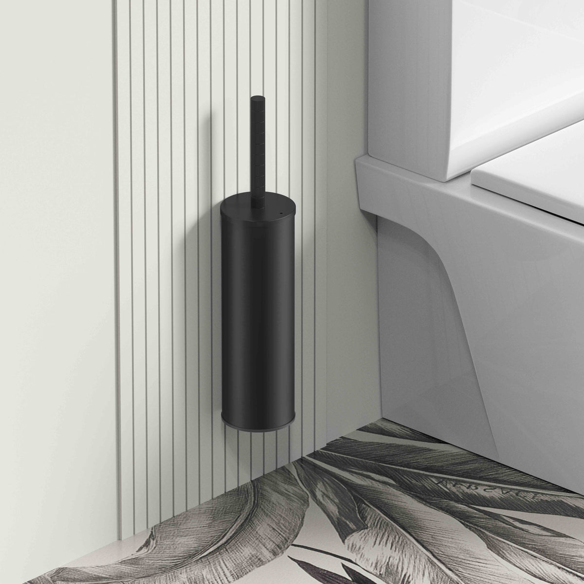 Stria toiletborstel met houder - greep met verfijnde ribbelstructuur - hangend en staand - met kunststof binnenpot - mat zwart (pvd), sfeerbeeld