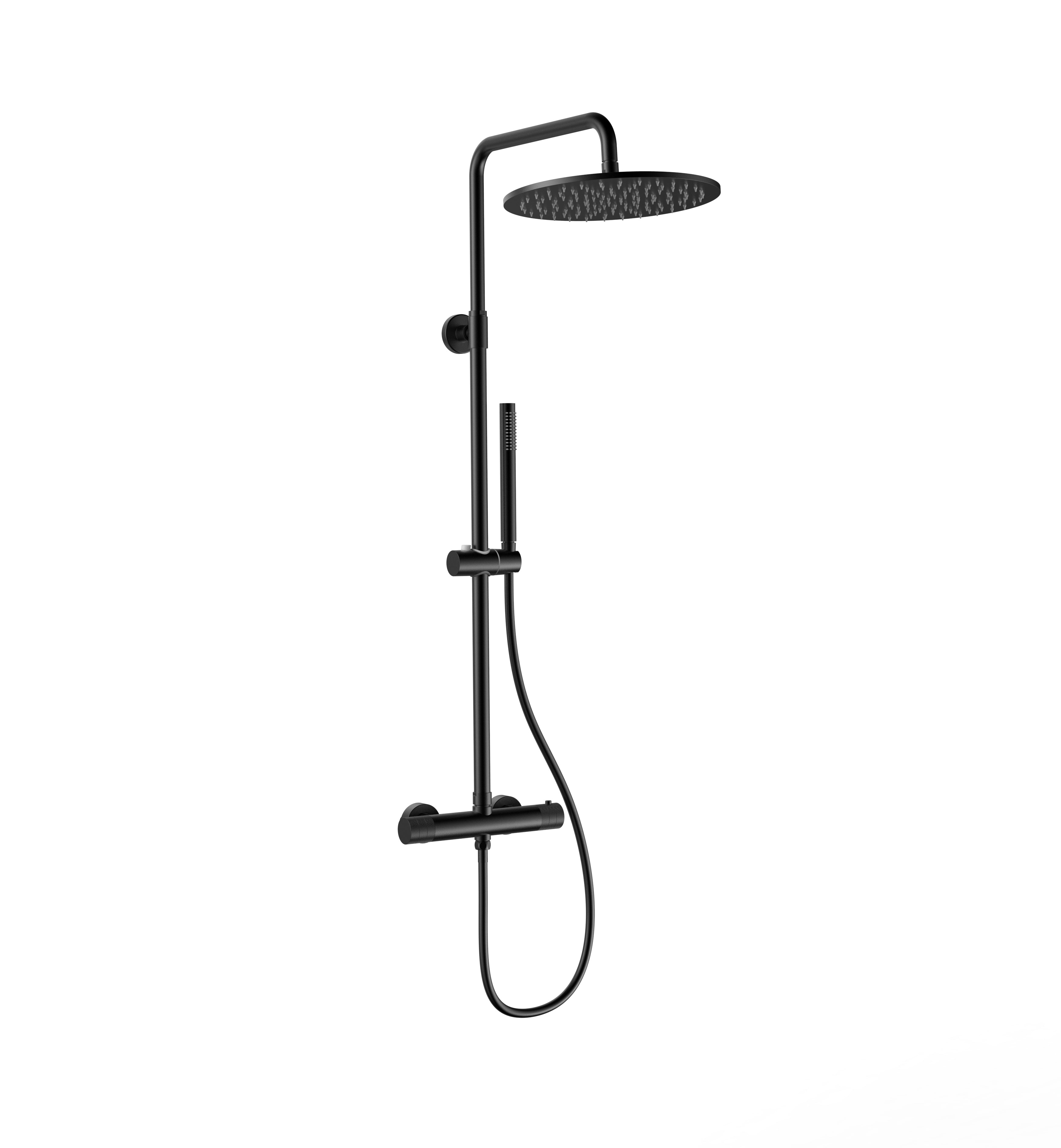 Stria regendoucheset - thermostatisch - cool touch - hoofddouche 30 cm - opbouw - knoppen met verfijnde ribbelstructuur - mat zwart (pvd)