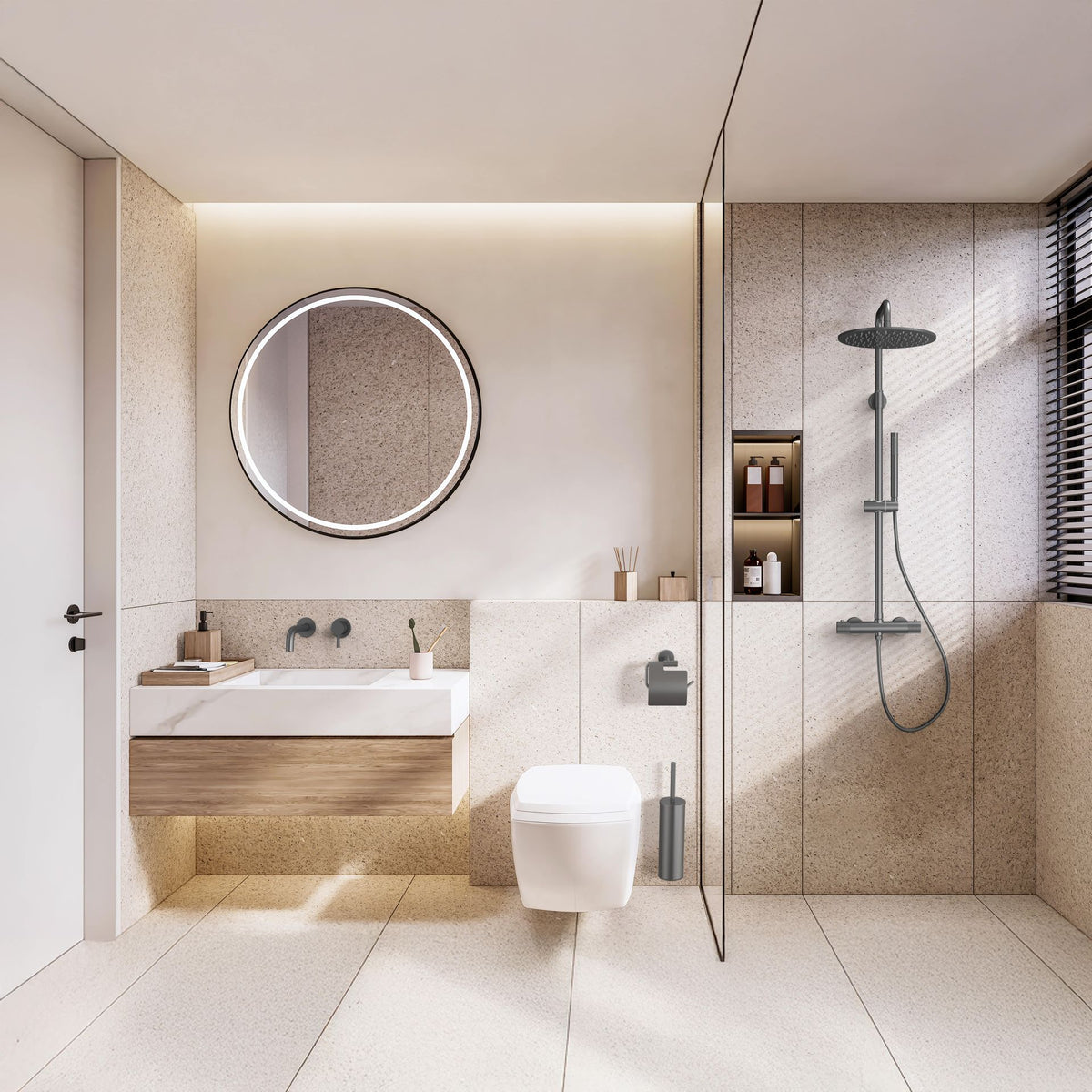 Stria toiletborstel met houder - greep met verfijnde ribbelstructuur - hangend en staand - met kunststof binnenpot - gunmetal (pvd), sfeerbeeld
