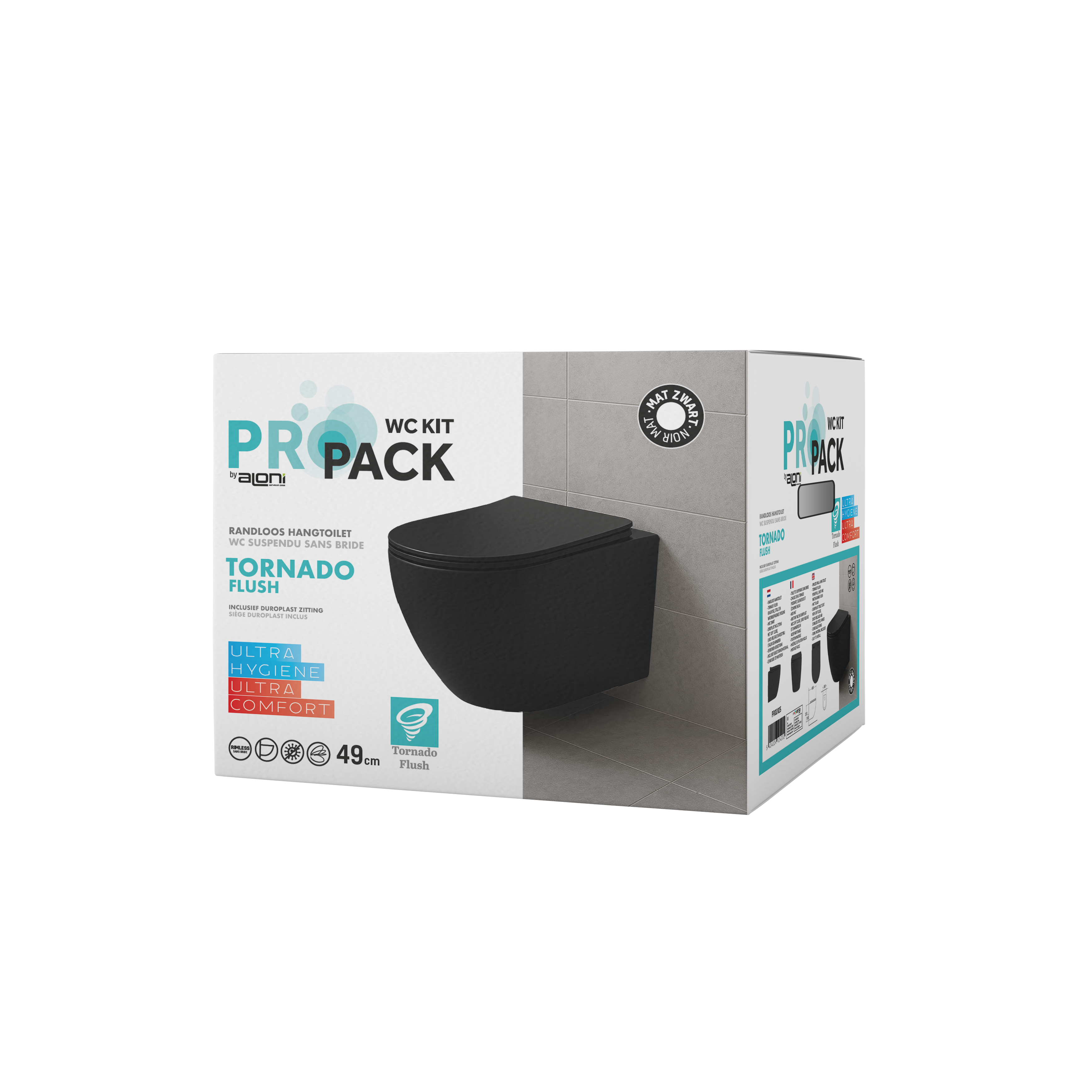 Aloni pro hangtoilet - tornado flush - randloos - met zitting - duroplast - soft close - quick release - compact 49 cm - 36x32x49 cm - mat zwart