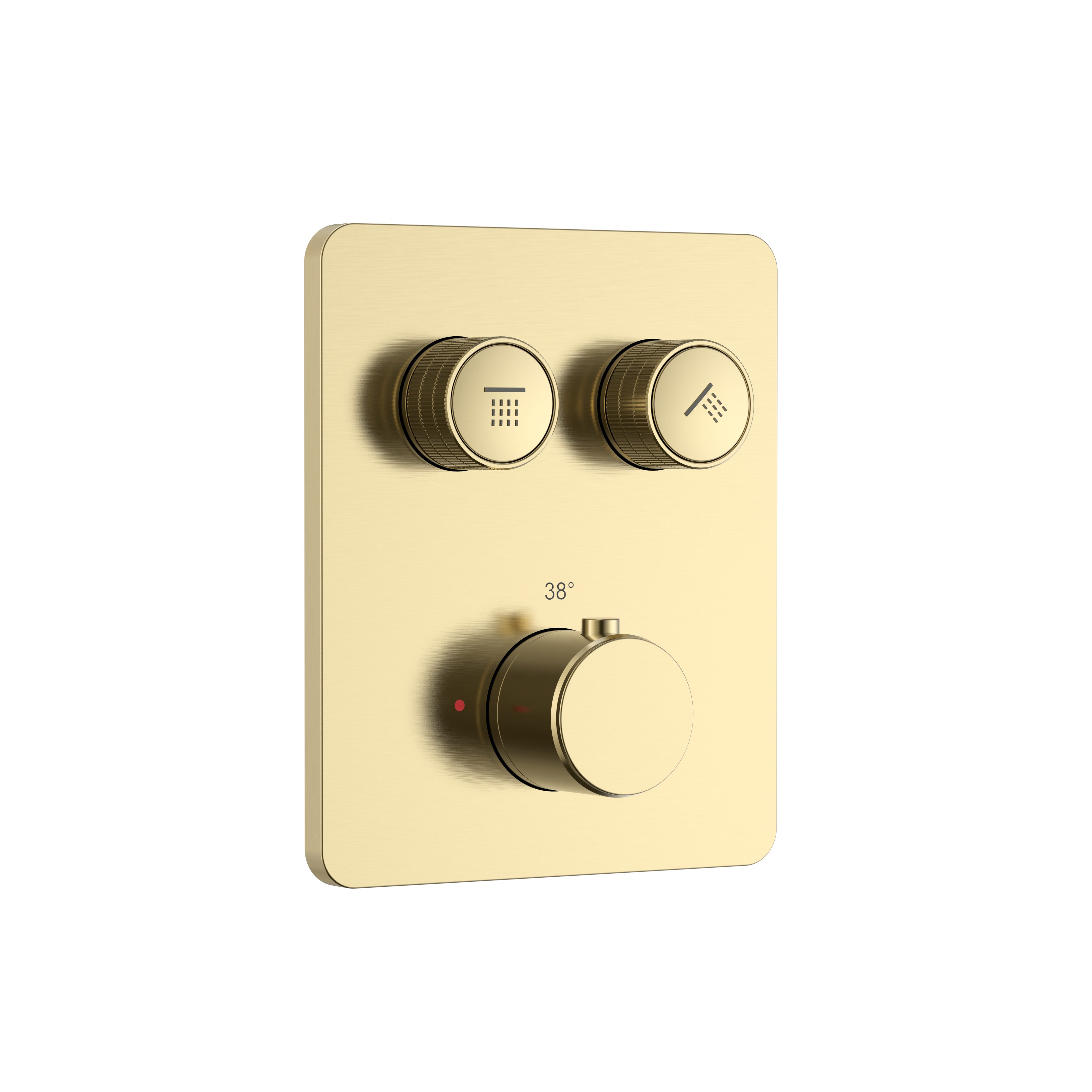 Stria douchemengkraan - 2 weg - thermostatisch - druknoppen met verfijnde ribbelstructuur - met inbouwbox en afbouwdeel - rechthoekig - geborsteld goud (pvd)