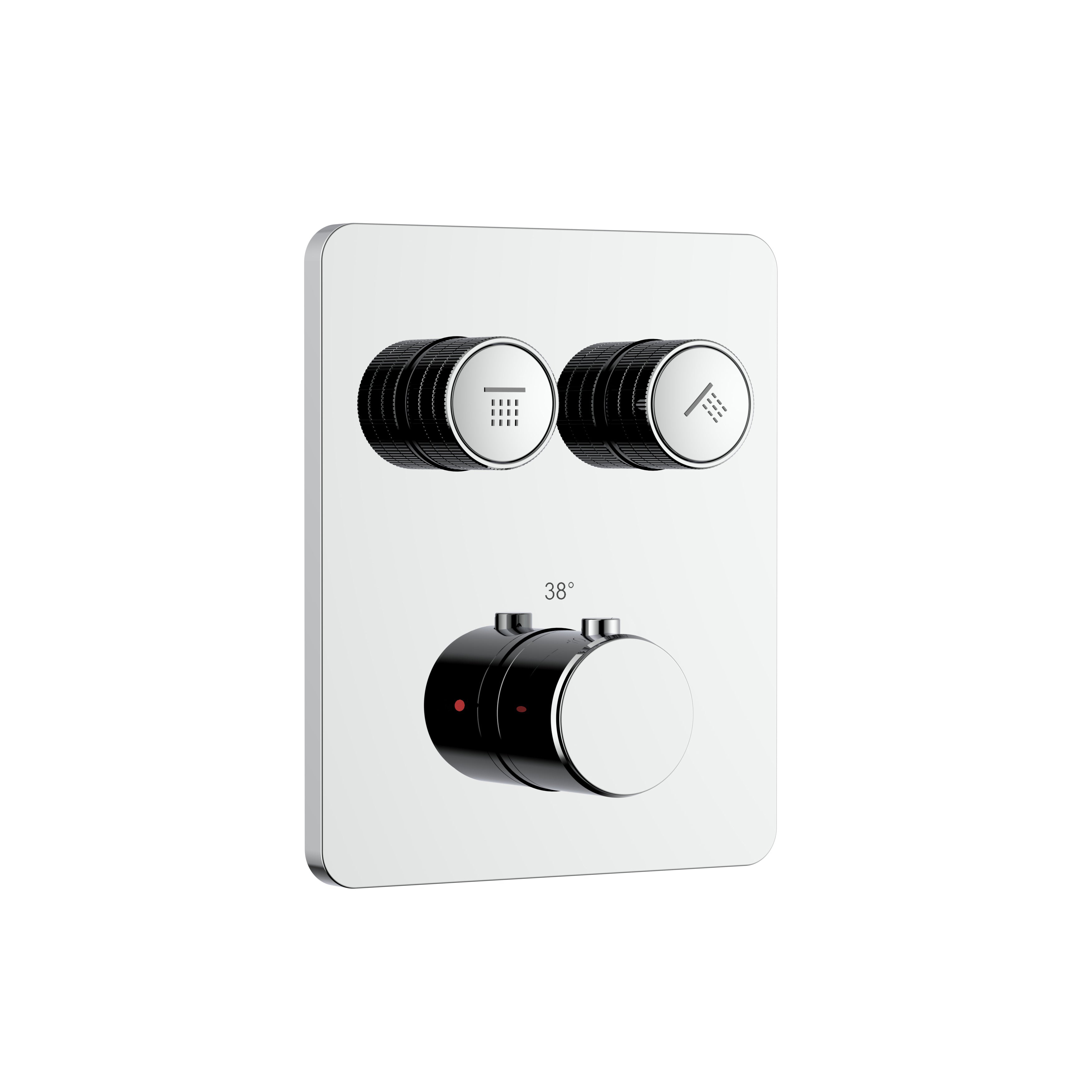 Stria douchemengkraan - 2 weg - thermostatisch - druknoppen met verfijnde ribbelstructuur - met inbouwbox en afbouwdeel - rechthoekig - chroom