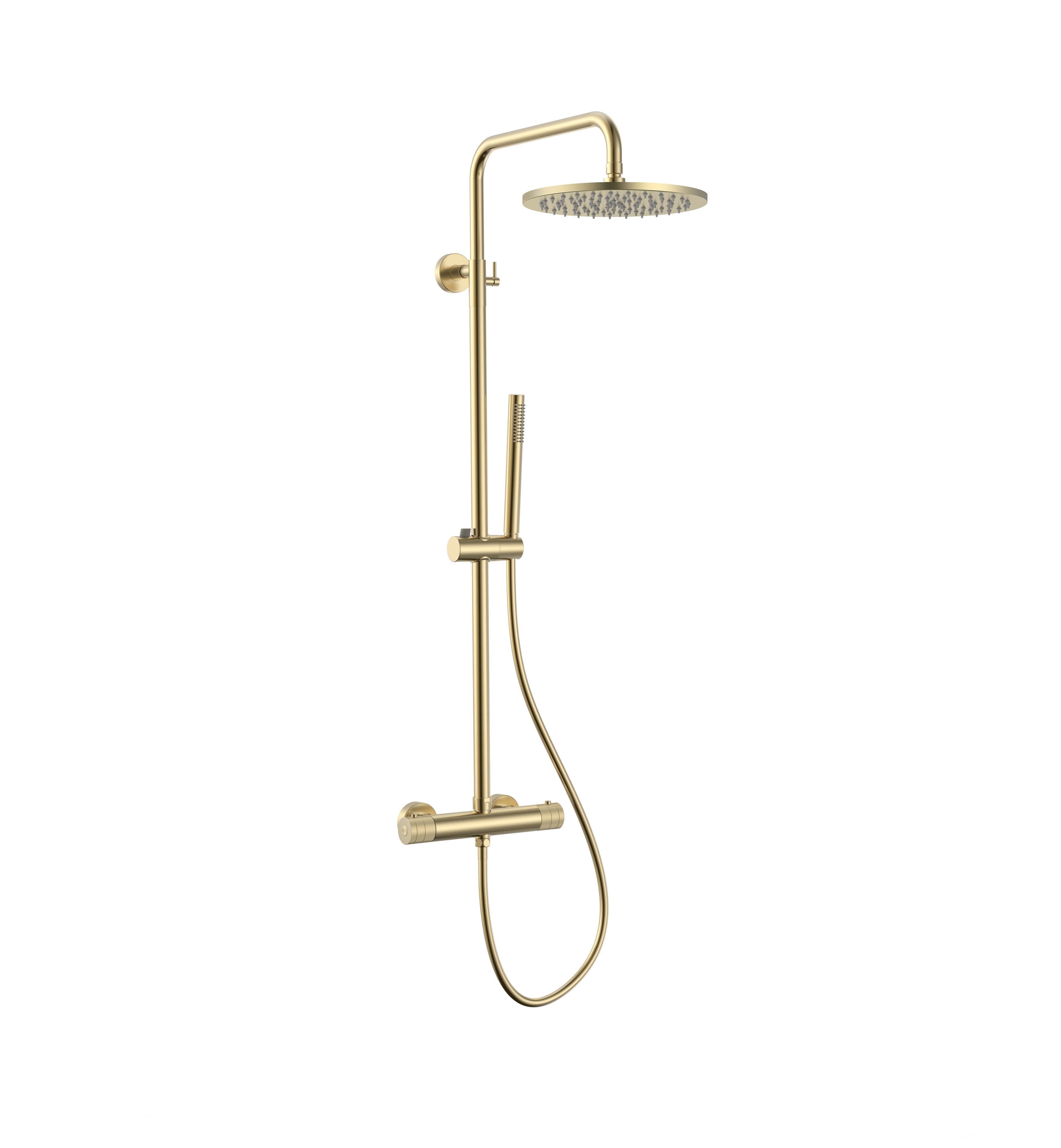 Stria regendoucheset - thermostatisch - cool touch - hoofddouche 30 cm - opbouw - knoppen met verfijnde ribbelstructuur - geborsteld goud (pvd)