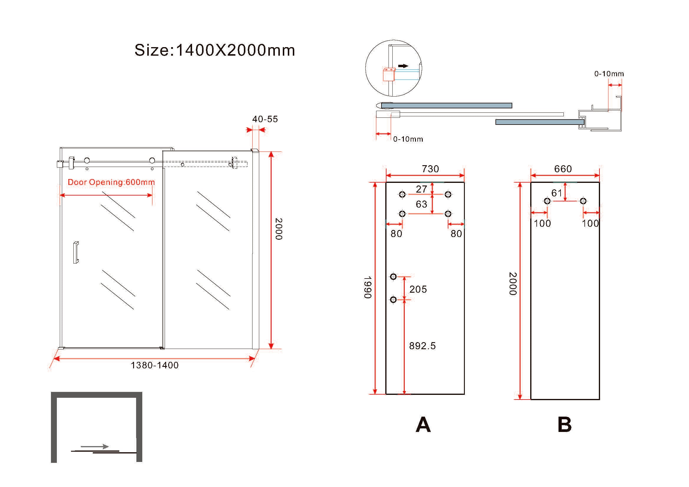 Slide nis schuifdeur 1400 x 2000 x 8 mm nano helder glas/mat zwart