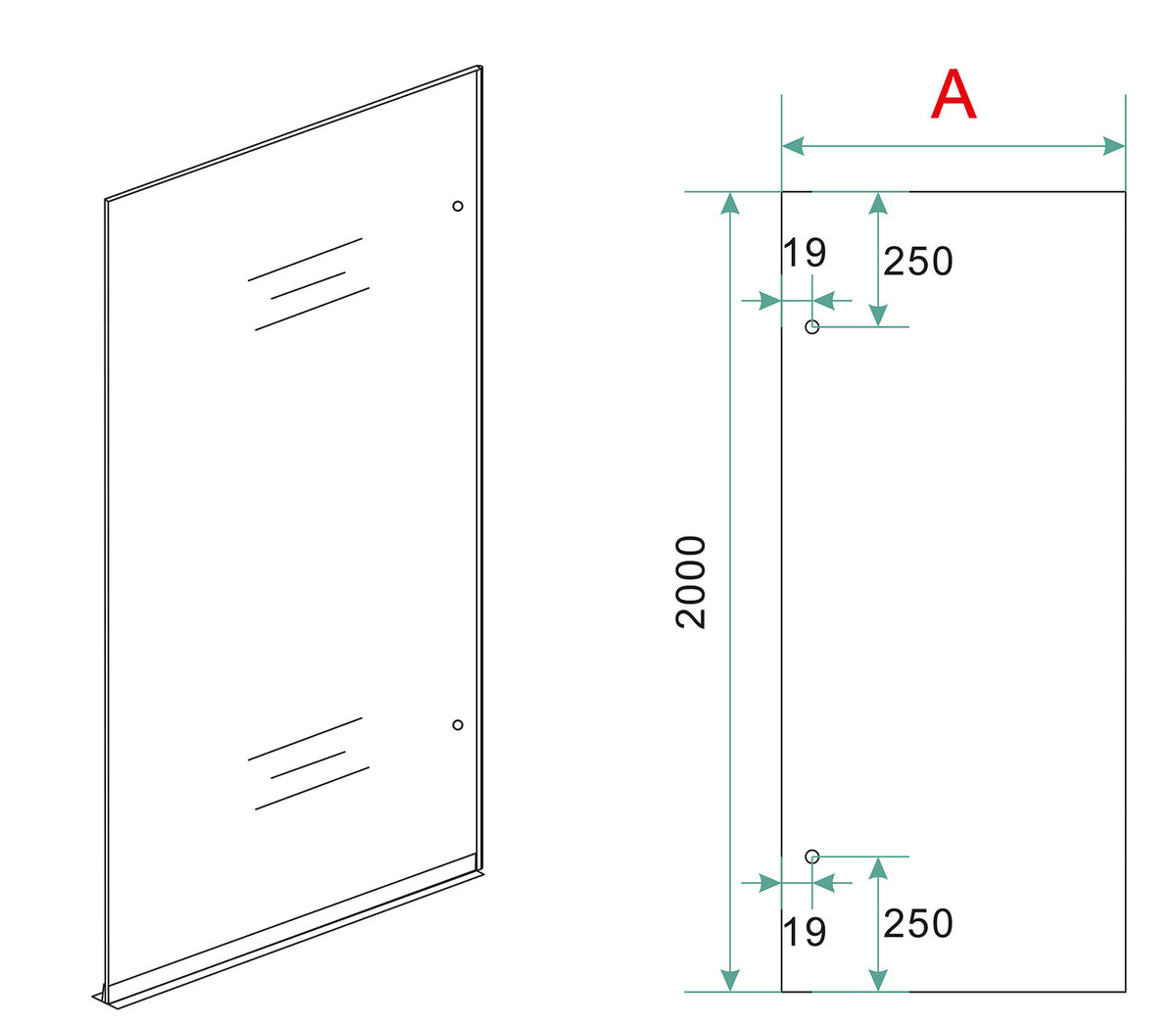 Wiesbaden less inloopdouche rechts 900 x 2000 x 8 mm nano spiegelrook- naar helder glas/chroom, maattekening
