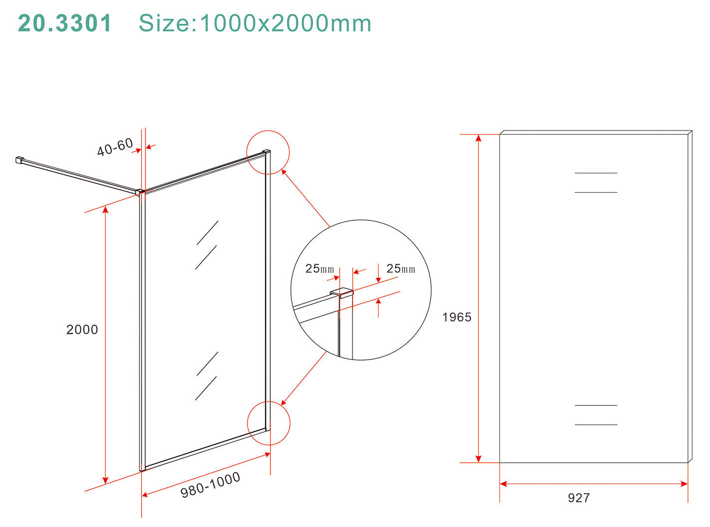 Square inloopdouche 1000 x 2000 x 8 mm nano helder glas/geborsteld messing