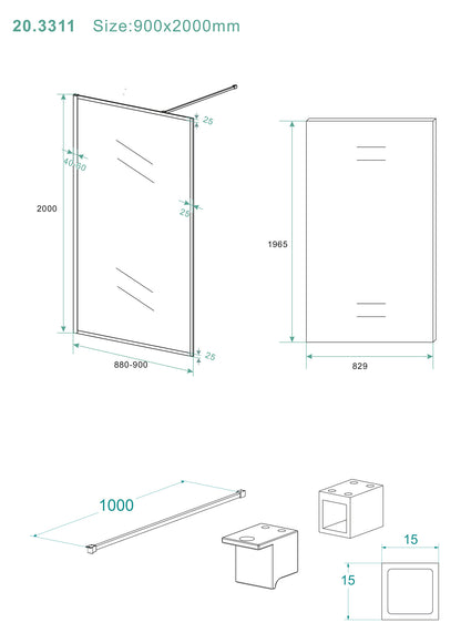 Square inloopdouche 900 x 2000 x 8 mm nano helder glas/mat zwart