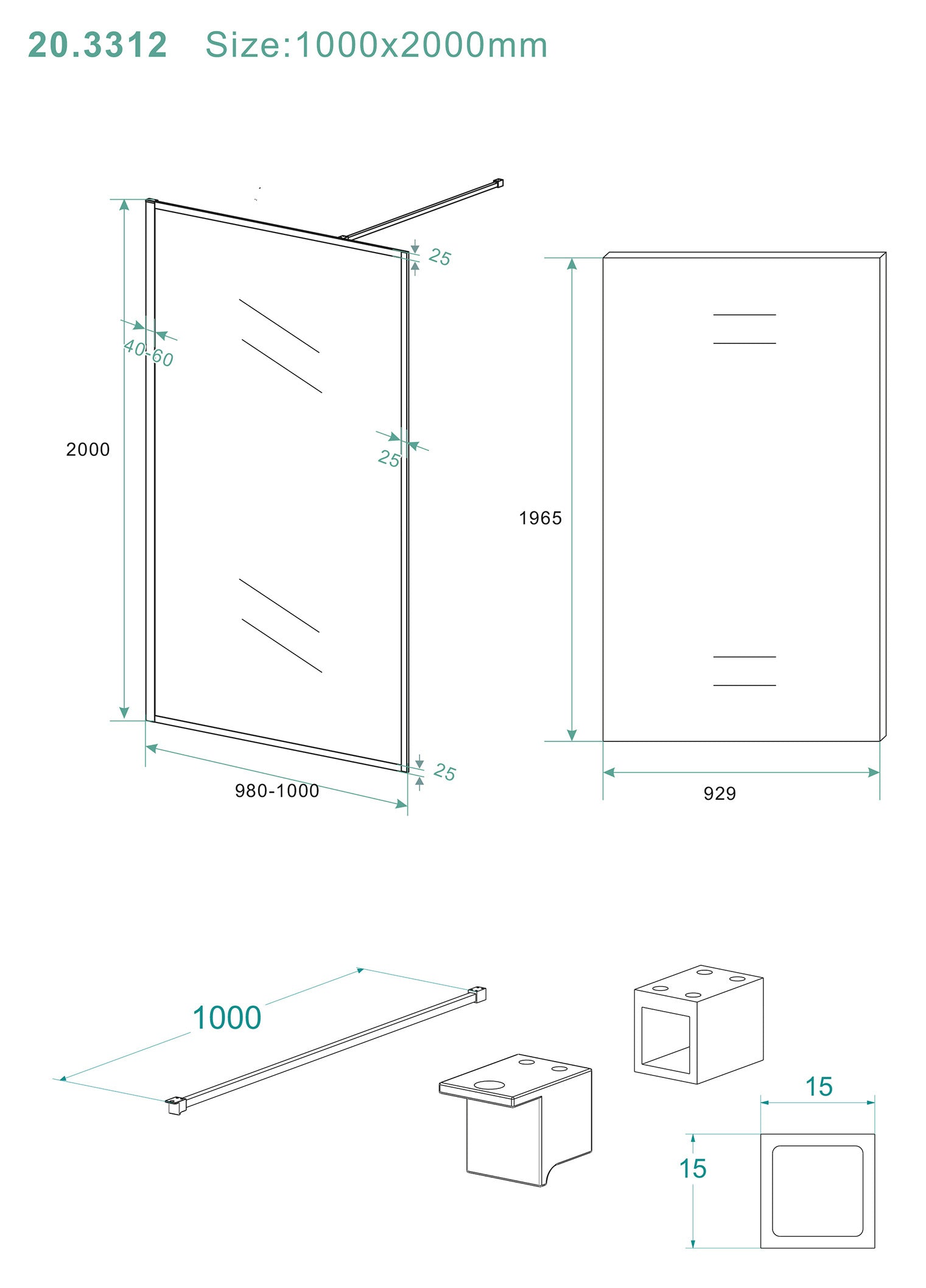 Square inloopdouche 1000 x 2000 x 8 mm nano helder glas/mat zwart