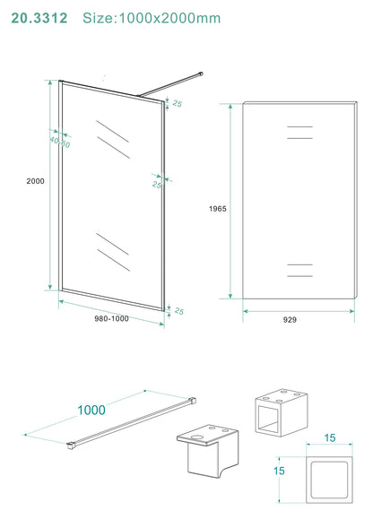 Square inloopdouche 1000 x 2000 x 8 mm nano helder glas/mat zwart