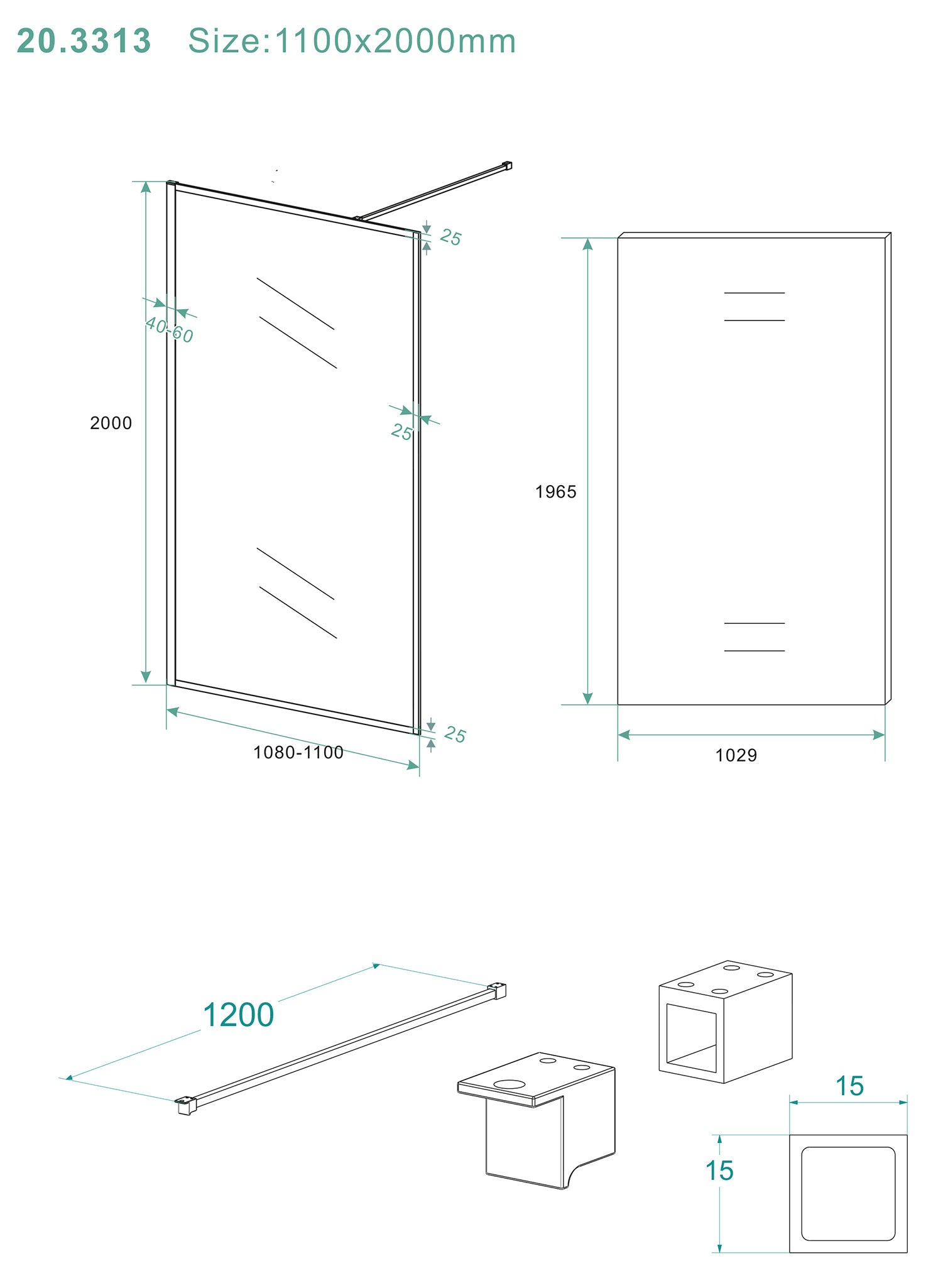 Square inloopdouche 1100 x 2000 x 8 mm nano helder glas/mat zwart