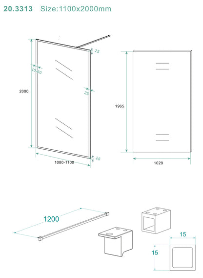 Square inloopdouche 1100 x 2000 x 8 mm nano helder glas/mat zwart