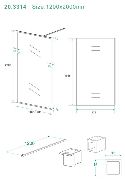 Square inloopdouche 1200 x 2000 x 8 mm nano helder glas/mat zwart