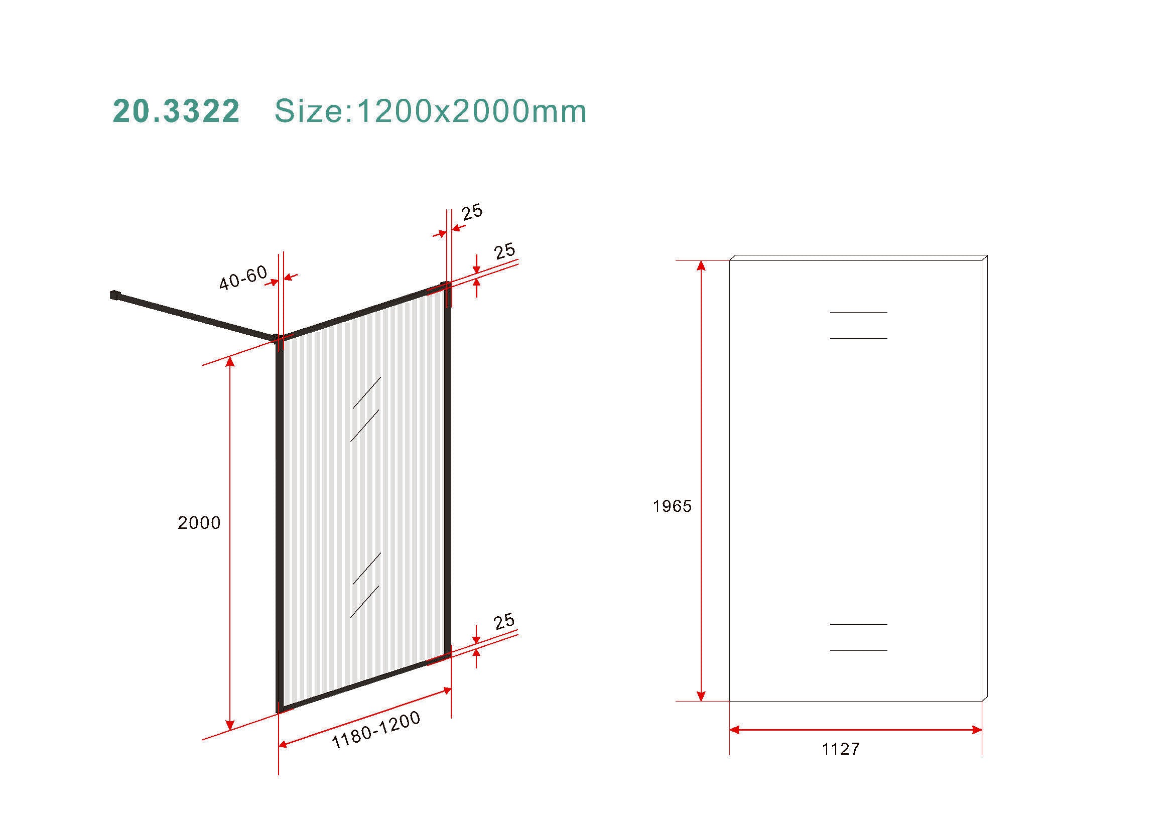 Square inloopdouche 1200 x 2000 x 8 mm nano geribbeld helder glas/mat zwart