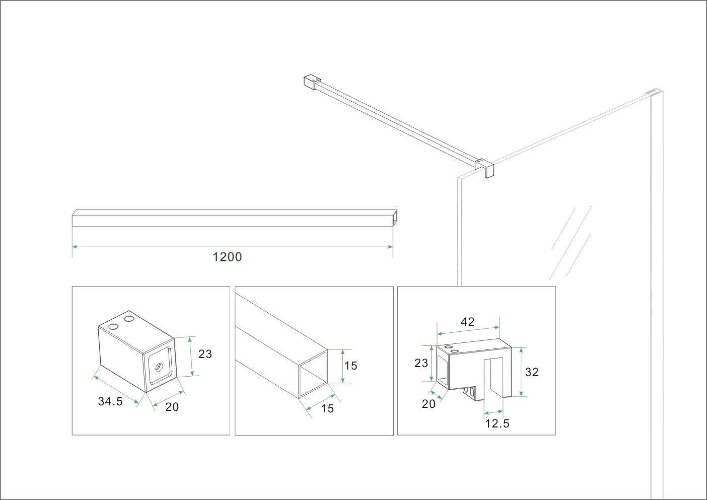 Slim set stabilisatiestangen 120 cm voor vrijstaande inloopdouches mat wit