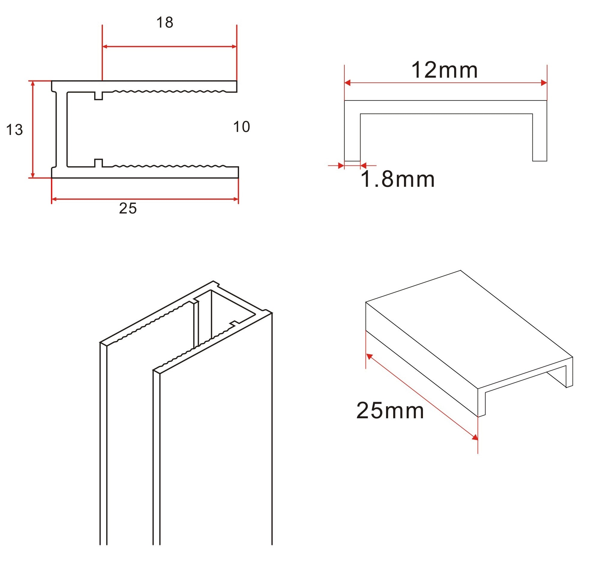 Slim profielset met stabilisatiestang 120 cm mat wit