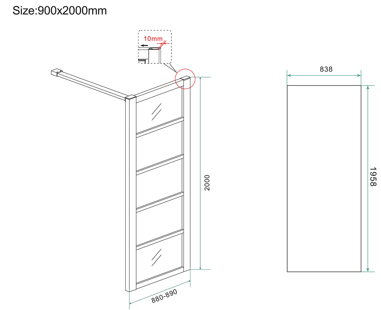 Horizon inloopdouche met raster 900 x 2000 x 8 mm nano helder glas/mat zwart