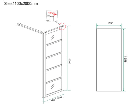 Horizon inloopdouche met raster 1100 x 2000 x 8 mm nano helder glas/mat zwart