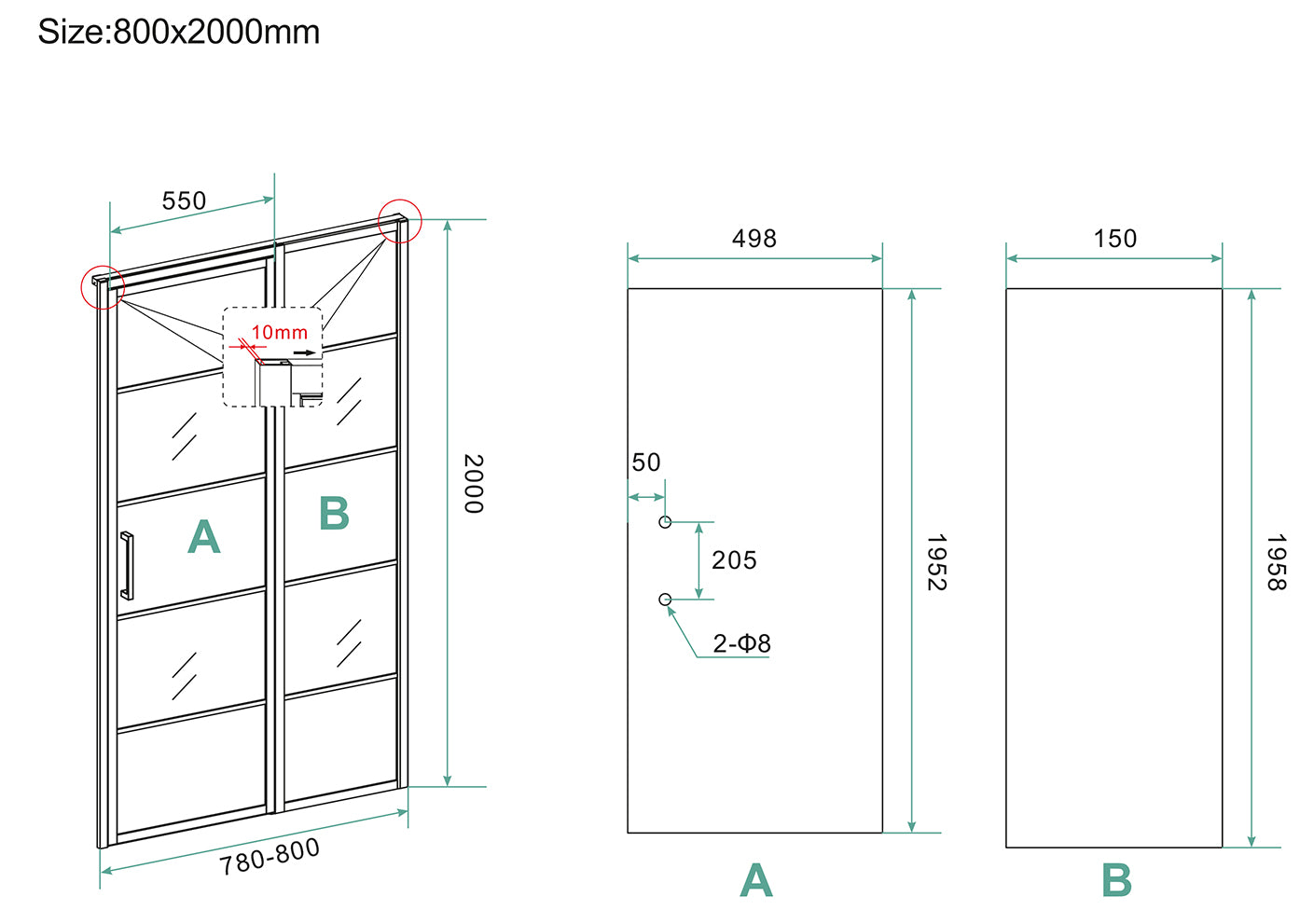 Horizon nisdeur met vast deel en raster 800 x 2000 x 8mm nano helder glas/mat zwart