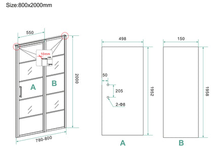 Horizon nisdeur met vast deel en raster 800 x 2000 x 8mm nano helder glas/mat zwart