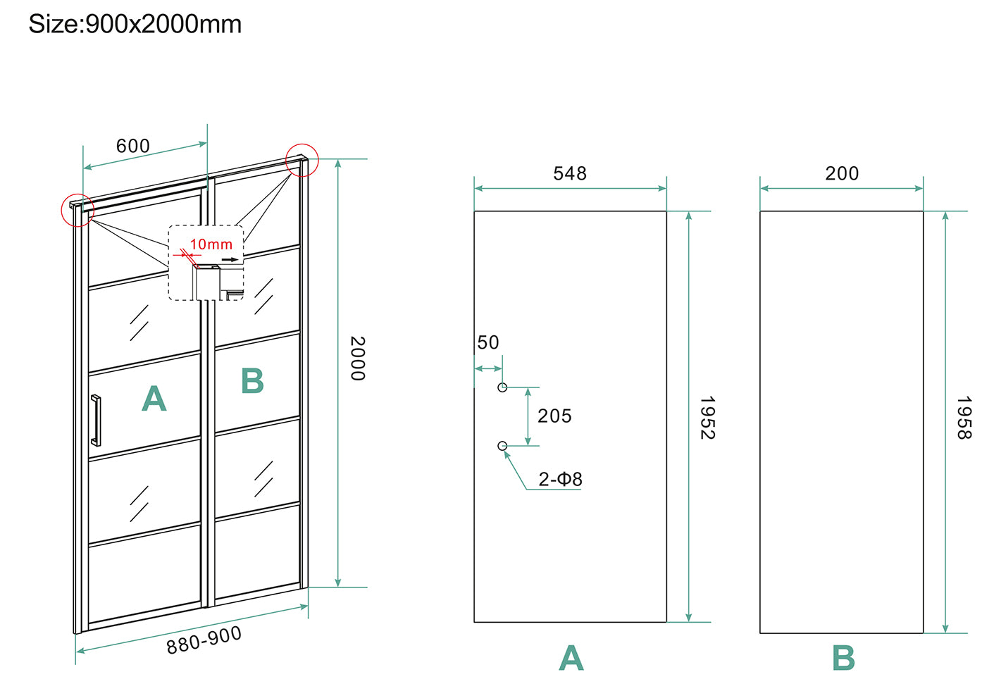 Horizon nisdeur met vast deel en raster 900 x 2000 x 8mm nano helder glas/mat zwart