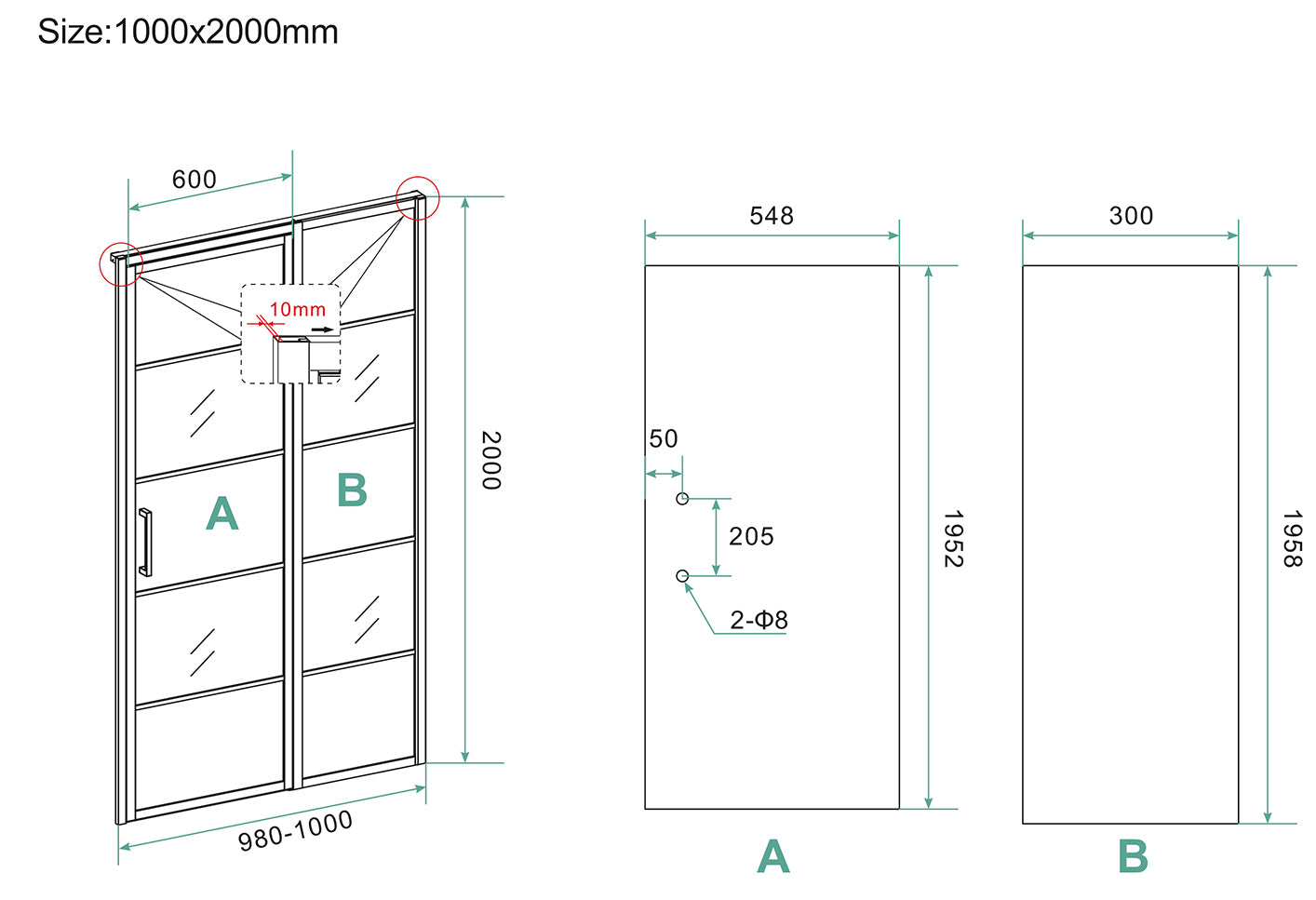 Horizon nisdeur met vast deel en raster 1000 x 2000 x 8mm nano helder glas/mat zwart