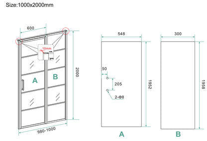 Horizon nisdeur met vast deel en raster 1000 x 2000 x 8mm nano helder glas/mat zwart