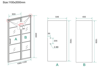 Horizon nisdeur met vast deel en raster 1100 x 2000 x 8mm nano helder glas/mat zwart