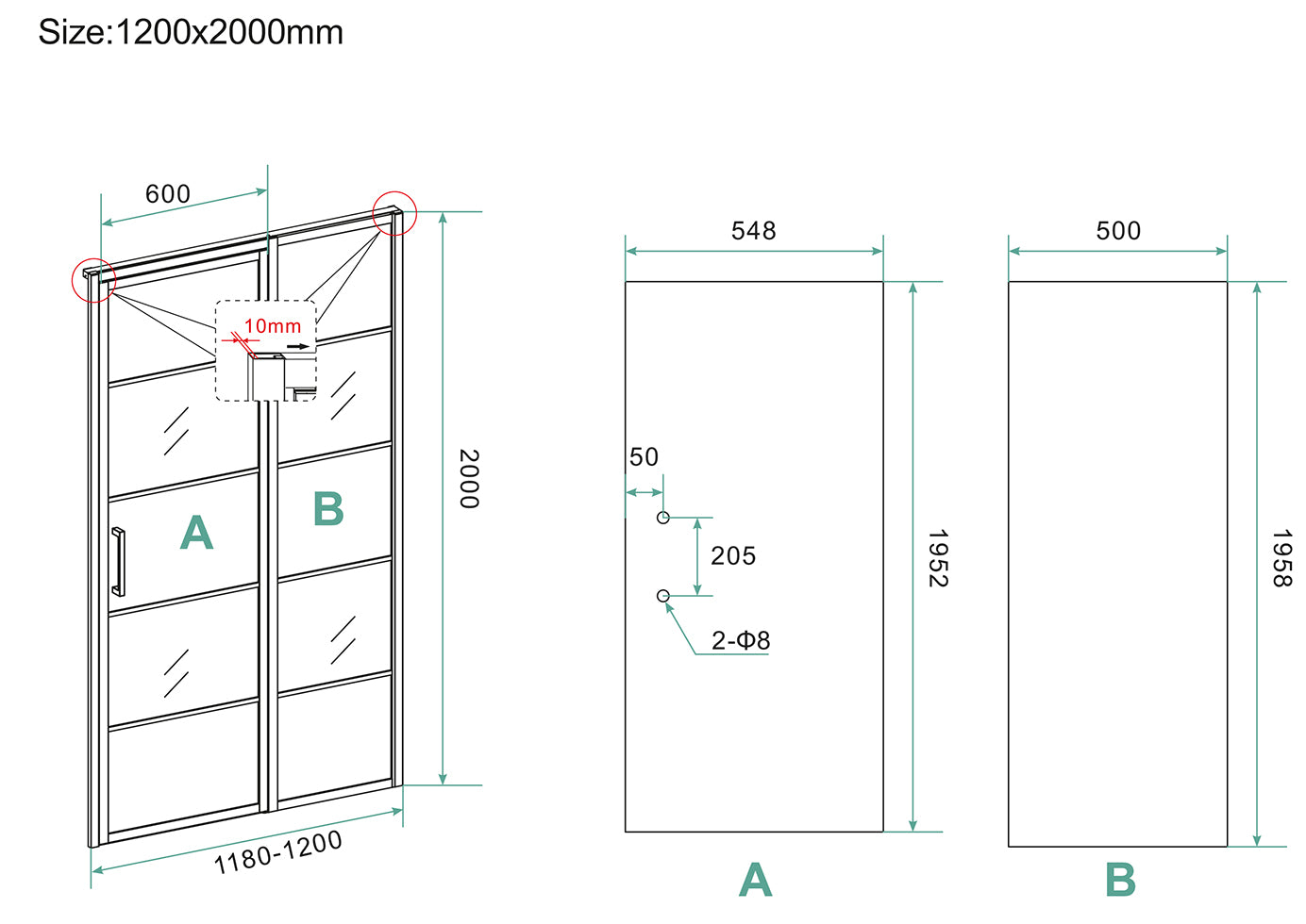 Horizon nisdeur met vast deel en raster 1200 x 2000 x 8mm nano helder glas/mat zwart