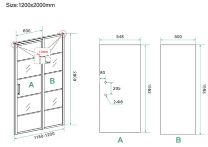 Horizon nisdeur met vast deel en raster 1200 x 2000 x 8mm nano helder glas/mat zwart
