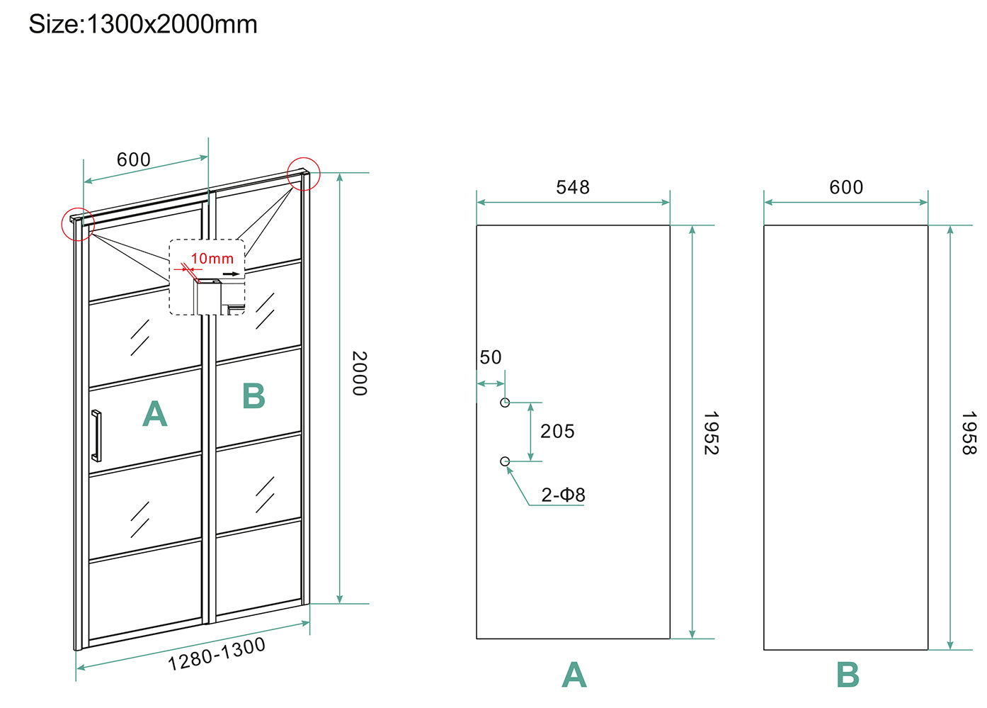 Horizon nisdeur met vast deel en raster 1300 x 2000 x 8mm nano helder glas/mat zwart
