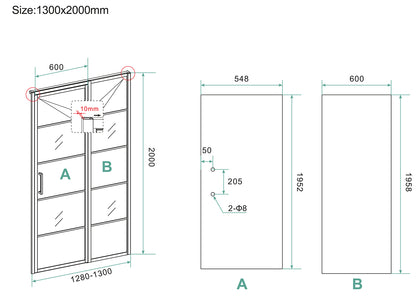 Horizon nisdeur met vast deel en raster 1300 x 2000 x 8mm nano helder glas/mat zwart