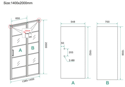 Horizon nisdeur met vast deel en raster 1400 x 2000 x 8mm nano helder glas/mat zwart