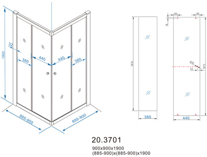 Eco hoekinstap cabine met 2 schuifdeuren 900 x 900 x 1900 x 5 mm nano helder glas/chroom