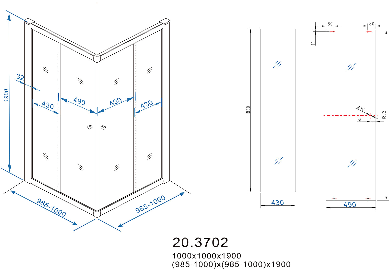 Eco hoekinstap cabine met 2 schuifdeuren 1000 x 1000 x 1900 x 5 mm nano helder glas/chroom