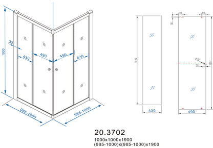Eco hoekinstap cabine met 2 schuifdeuren 1000 x 1000 x 1900 x 5 mm nano helder glas/chroom