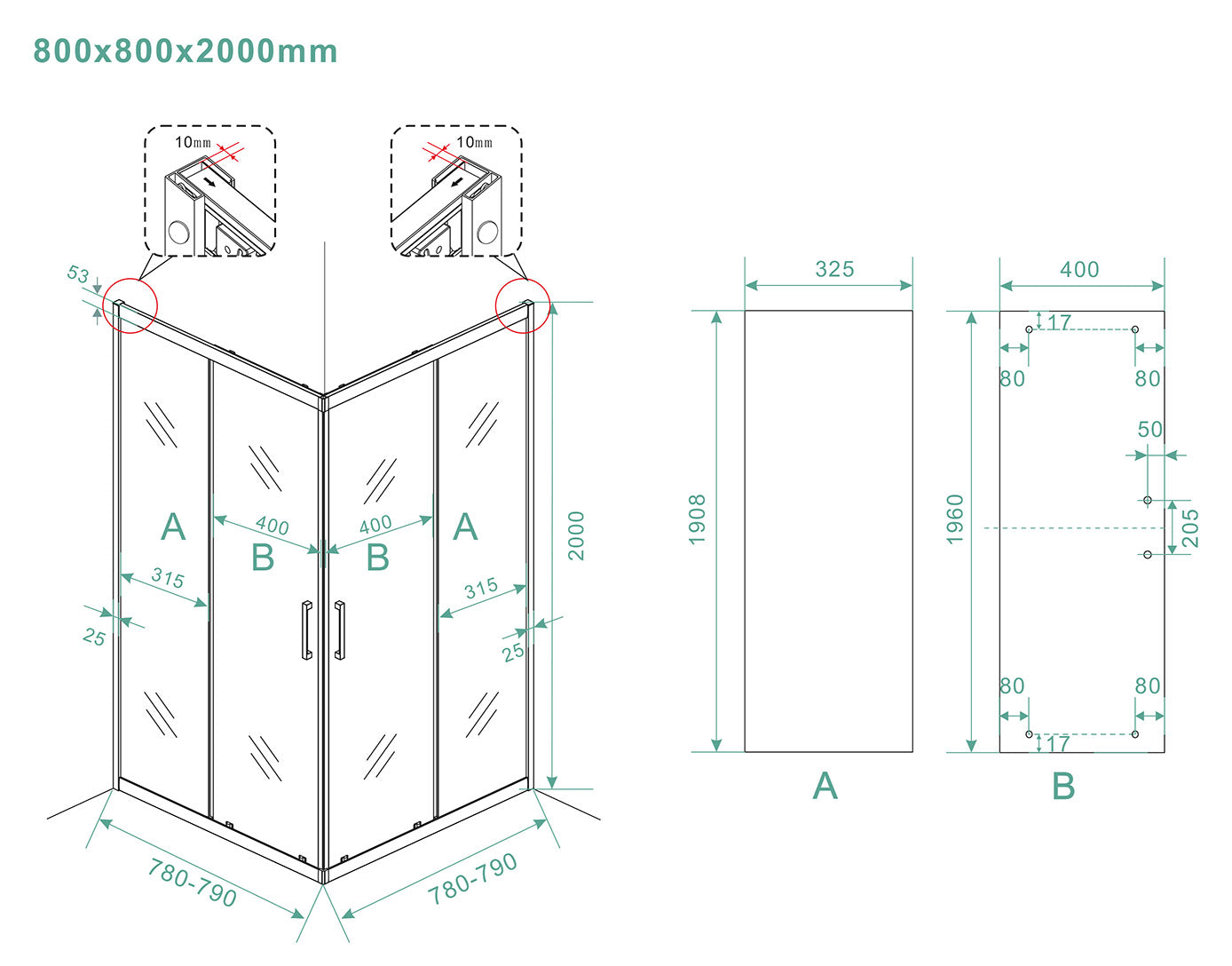 Skyline hoekinstap cabine met 2 schuifdeuren 800 x 800 x 2000 x 8 mm nano helder glas/mat zwart