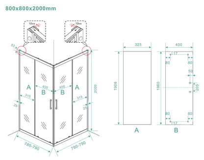 Skyline hoekinstap cabine met 2 schuifdeuren 800 x 800 x 2000 x 8 mm nano helder glas/mat zwart