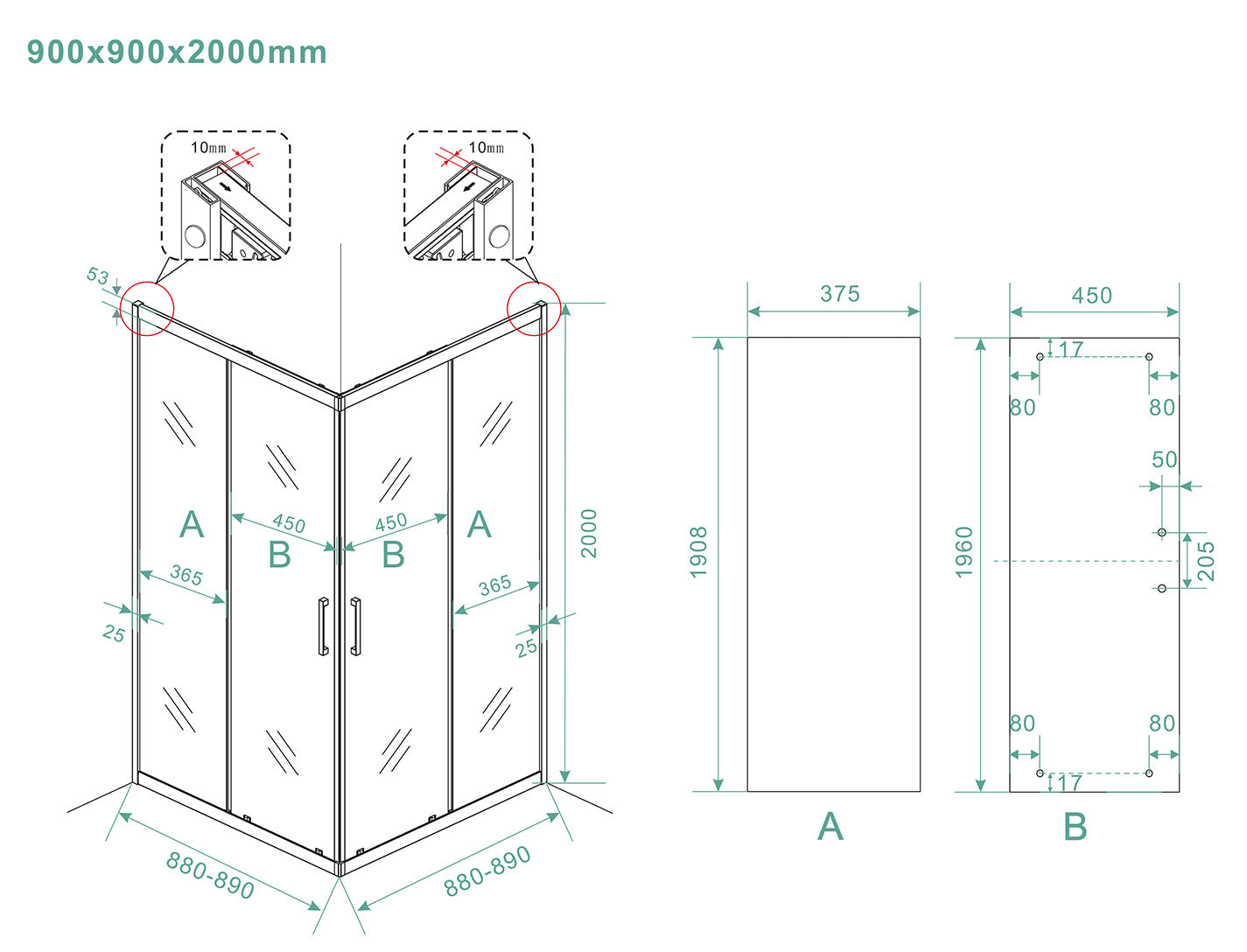 Skyline hoekinstap cabine met 2 schuifdeuren 900 x 900 x 2000 x 8 mm nano helder glas/mat zwart