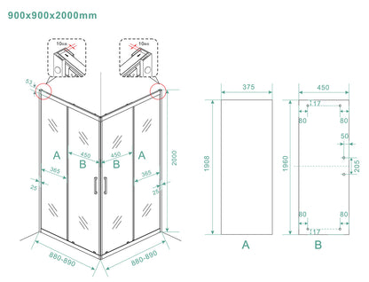 Skyline hoekinstap cabine met 2 schuifdeuren 900 x 900 x 2000 x 8 mm nano helder glas/mat zwart