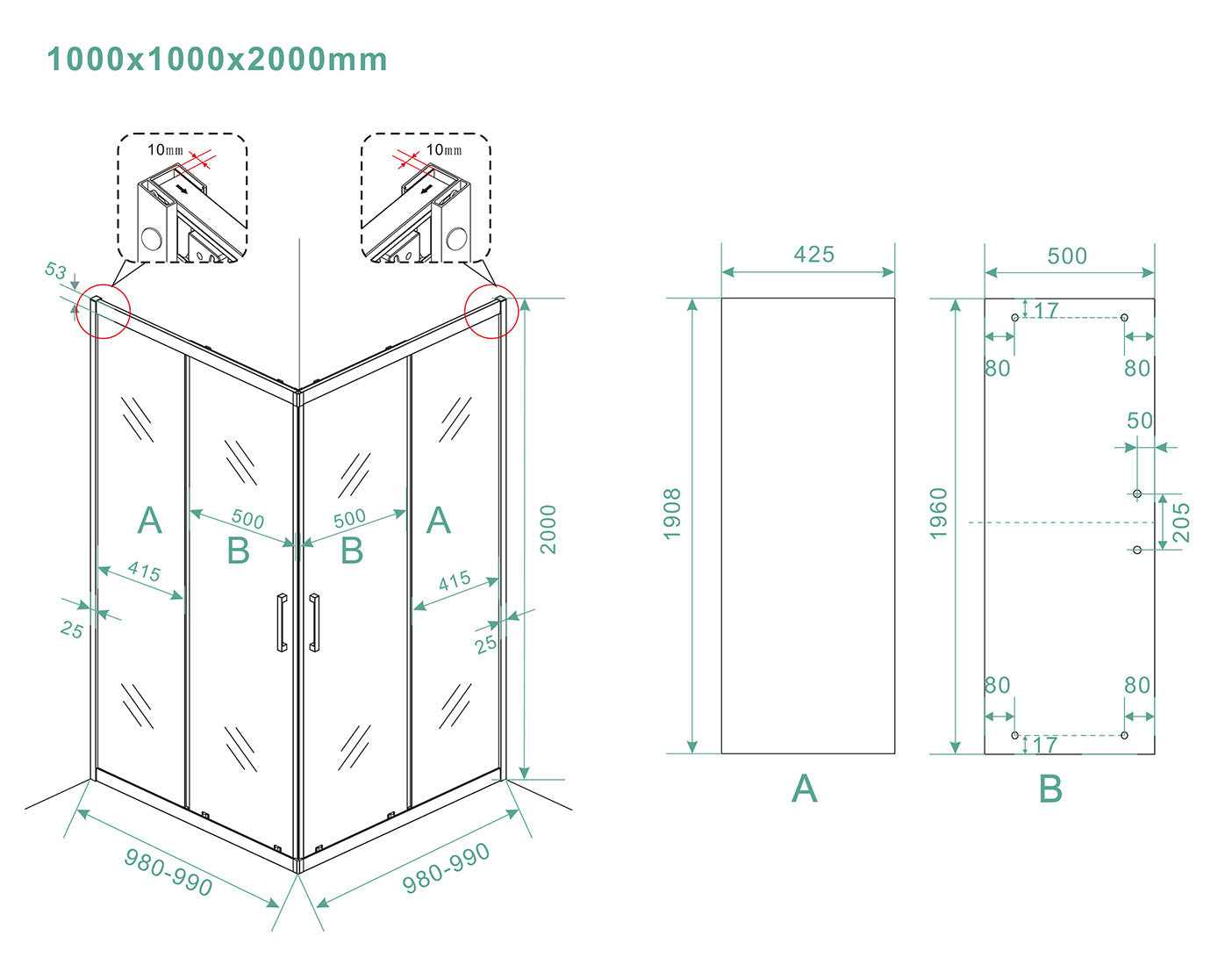 Skyline hoekinstap cabine met 2 schuifdeuren 1000 x 1000 x 2000 x 8 mm nano helder glas/mat zwart
