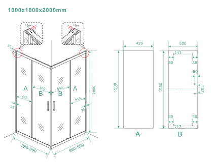Skyline hoekinstap cabine met 2 schuifdeuren 1000 x 1000 x 2000 x 8 mm nano helder glas/mat zwart