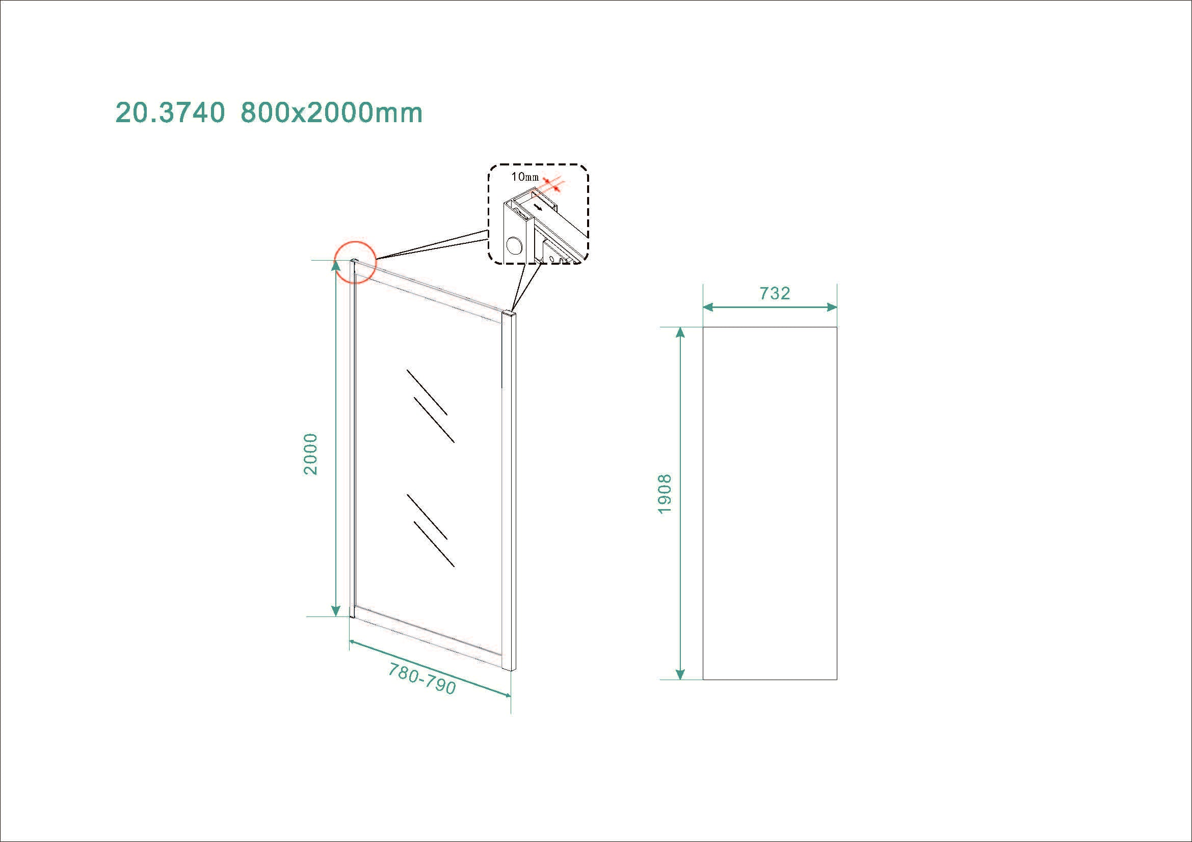 Skyline zijwand voor nis schuifdeur 800 x 2000 x 8 mm nano helder glas/mat zwart