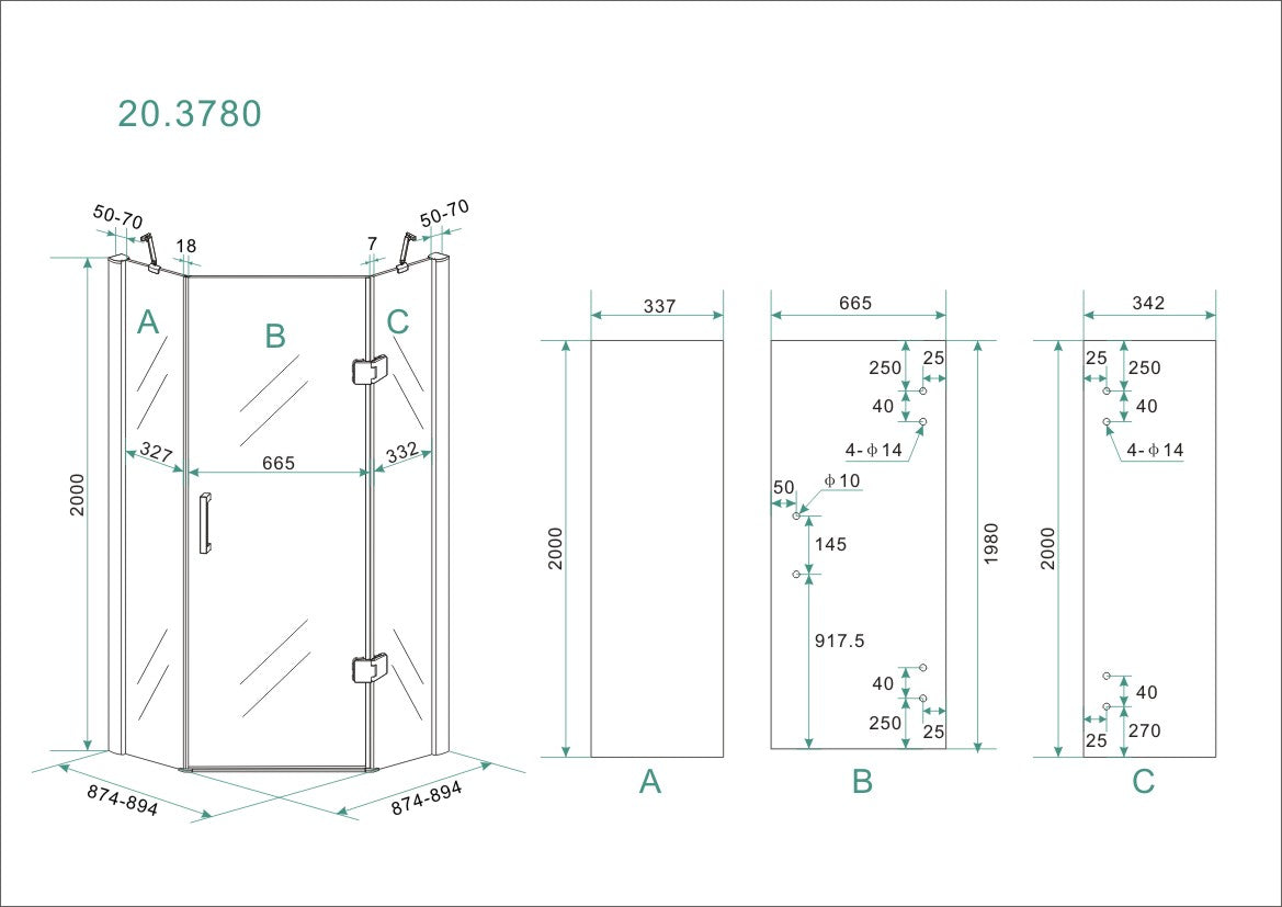 Pento cabine met 1 draaideur 900 x 900 x 2000 x 8 mm nano helder glas/chroom
