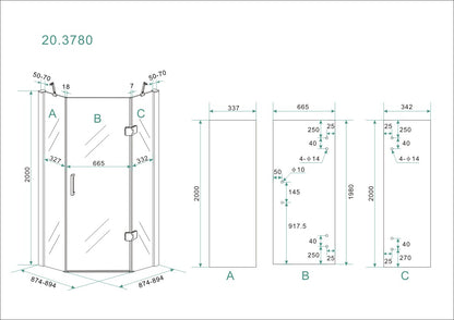 Pento cabine met 1 draaideur 900 x 900 x 2000 x 8 mm nano helder glas/chroom