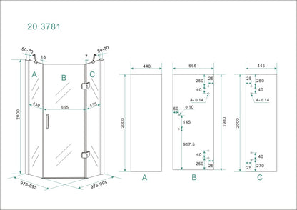 Pento cabine met 1 draaideur 1000 x 1000 x 2000 x 8 mm nano helder glas/chroom