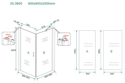 Salone cabine met 1 draaideur 900 x 900 x 2000 x 8 mm nano helder glas/mat zwart