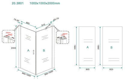 Salone cabine met 1 draaideur 1000 x 1000 x 2000 x 8 mm nano helder glas/mat zwart