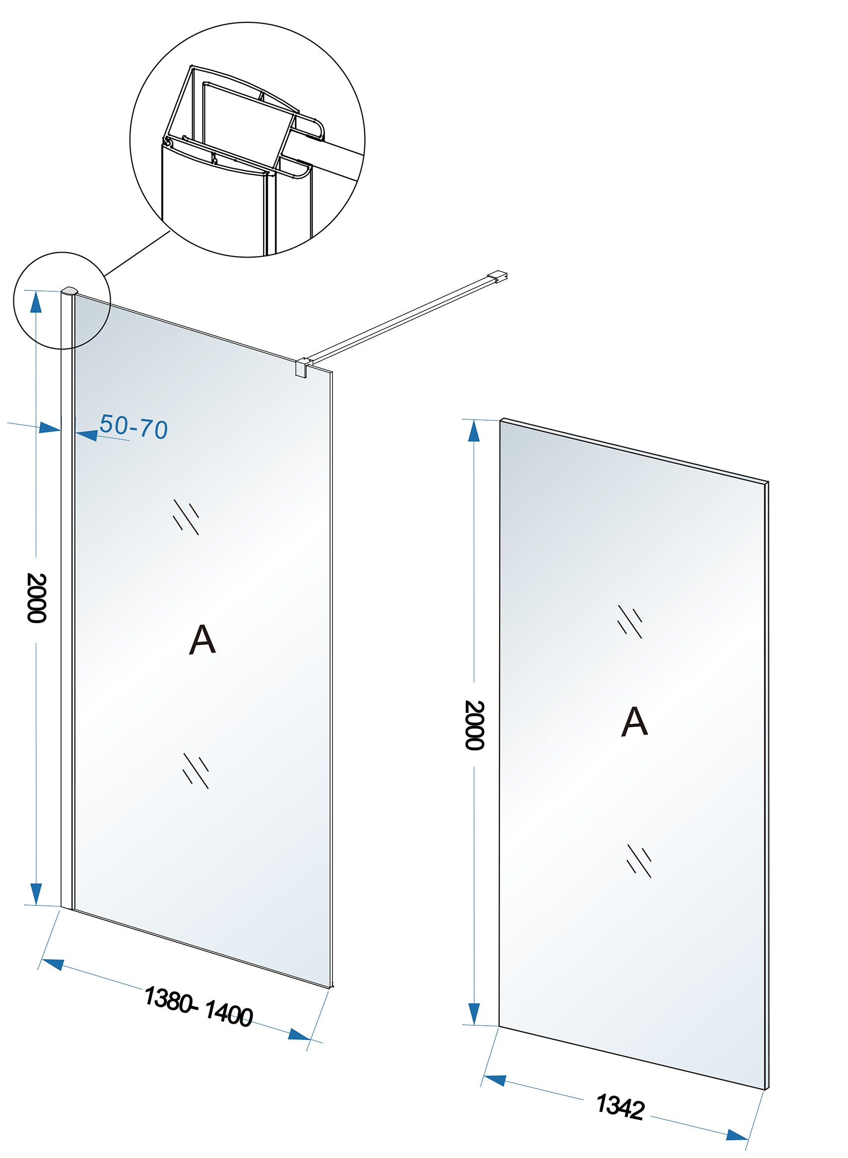 Comfort inloopdouche 1400 x 2000 x 8 mm nano helder glas/chroom